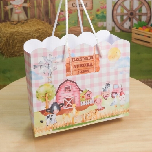 Sacolinhas Personalizadas Fazendinha Rosa Aquarela menina | Lembrancinhas Surpresa Festa Infantil Monte Você mesmo