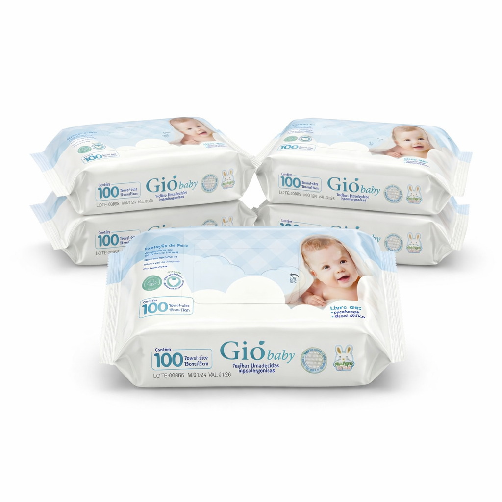 Kit 5 Toalhas Umedecidas Gió Baby 98% Água 100 Folhas Lenço Umedecido