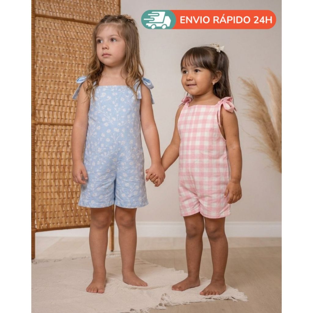 Macaquinho Macacão Jardineira Infantil Menina Rosa e Azul Algodão Laço nas Alças (1, 2, 3 e 4 anos)
