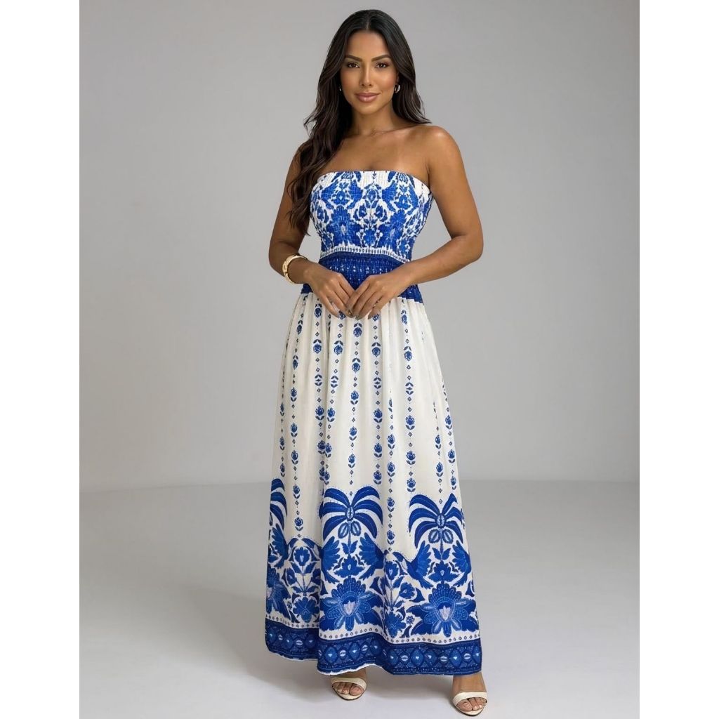 Vestido Longo Tomara Que Caia Estampado Floral Luxo Verão Moda Feminina Elegante