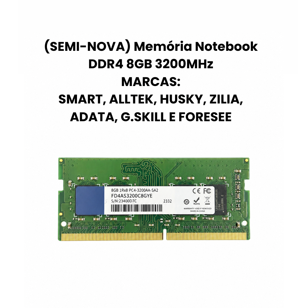 (SEMI-NOVA) Memória Notebook DDR4 8GB 3200MHz SMART | ALLTEK | HUSKY | ZILIA | ADATA | G.SKILL E FORESEE
