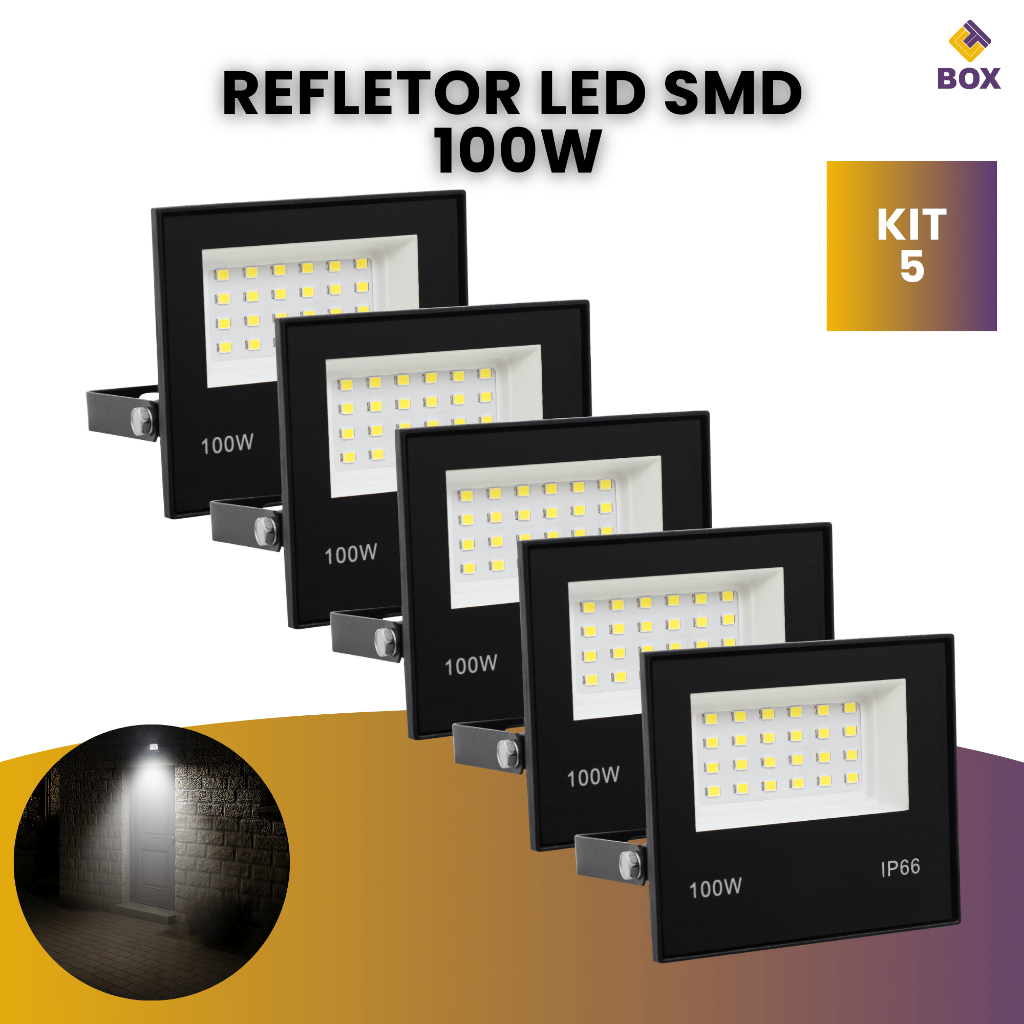Kit 5 Refletor Led Holofote Frio Smd 100w Bivolt Ip66 Resistente Água Externo