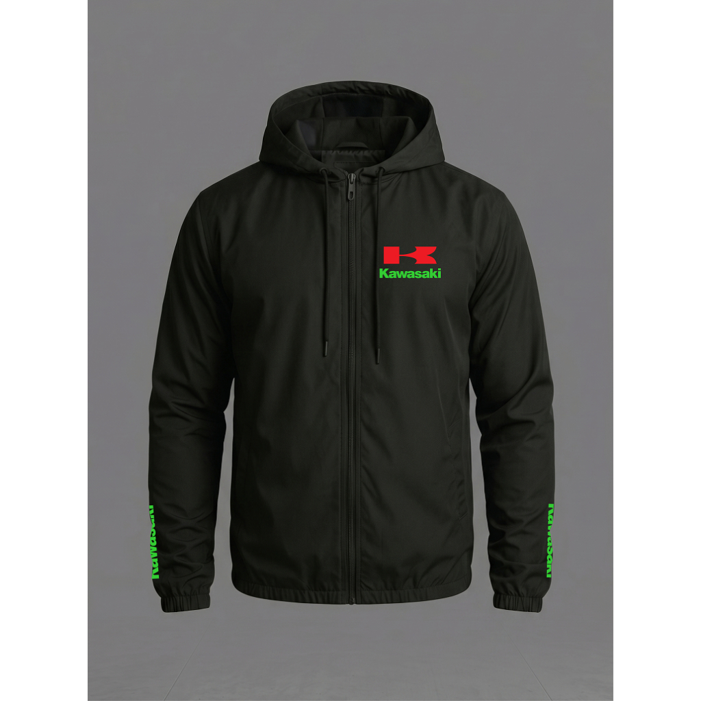 Jaqueta Corta Vento Masculina Moto Kawasaki Ninja Versys Capuz Bolso Zíper Semi Impermeável Viagem