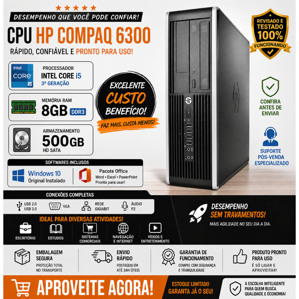 CPU HP Compaq 6300 Core i5 3ª Geração | 8GB | 500GB + Windows 10 + Office