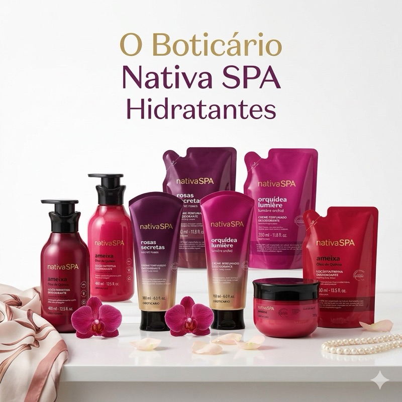 O Boticário Nativa SPA Hidratante Corporal: Ameixa, m, Cereja, Jasmin Sambac, Lilac, Morango, Orquídea, Quinoa, Uva