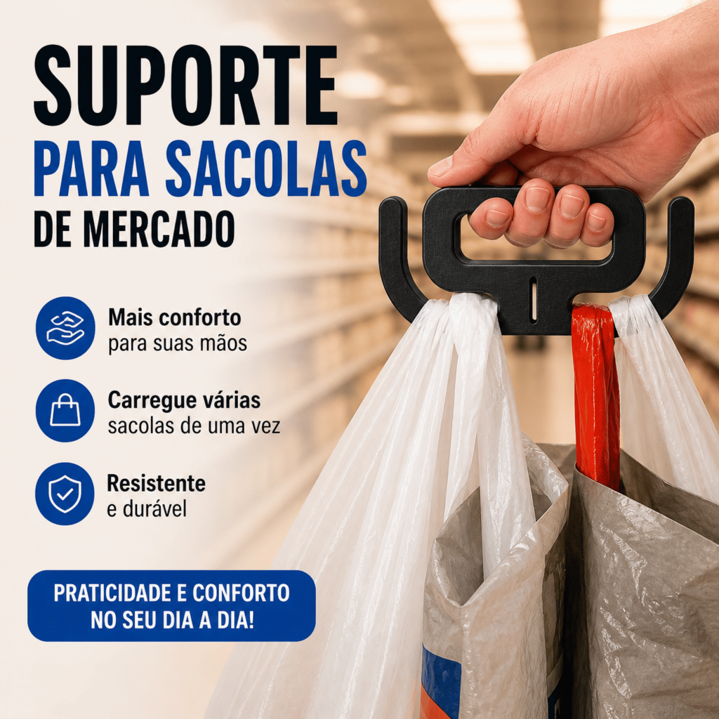 Suporte Ergonômico para Sacolas de Compras – Não Machuca a Mão | Com Fenda para TAG | Kit 1 ou 2 Un.