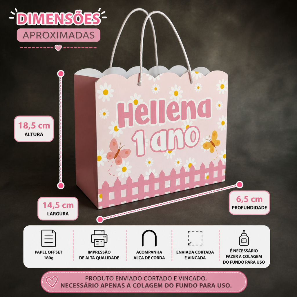 Sacolinha Personalizada Margaridas / Lembrancinhas, Festa Infantil, 1 Aninho, Jardim das borboletas