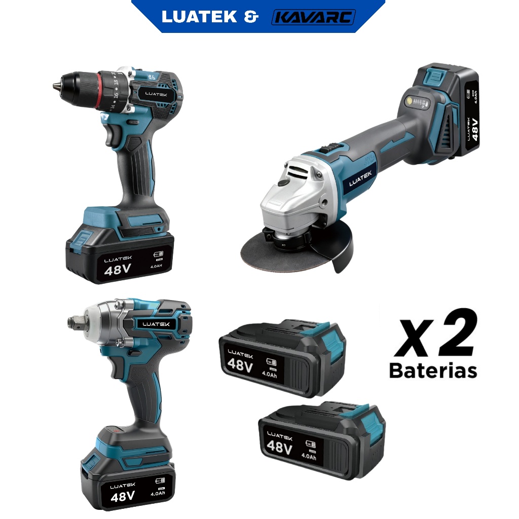 Kit Ferramentas Sem Fio Profissional 3 em 1 Parafusadeira Impacto Esmerilhadeira A Lítio 48V-LUATEK