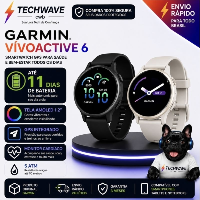 Garmin Vivoactive 6 Smartwatch GPS AMOLED Monitor Cardíaco 50+ Esportes Bateria 11 Dias Original