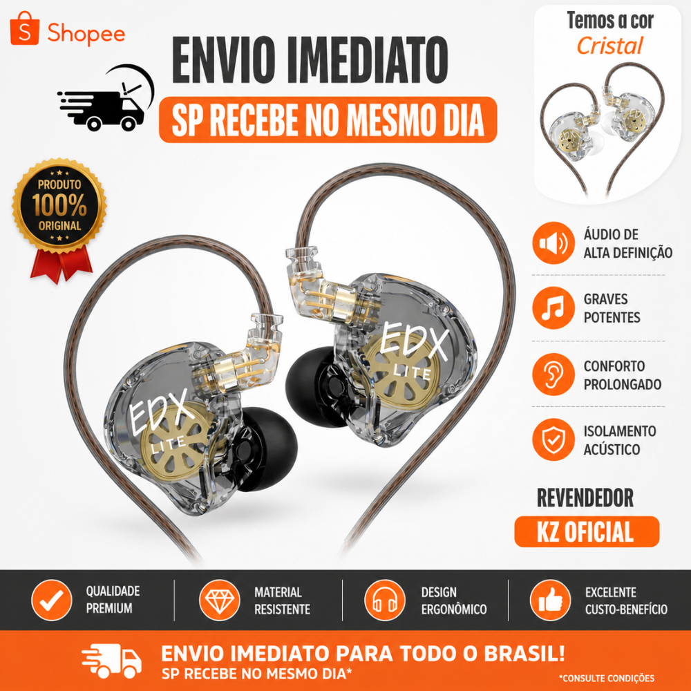 KZ EDX Lite Fone de Ouvido Intra-auricular Dinâmico Hi-Fi com Unidade Dinâmica de 10 mm, Ideal para Jogos