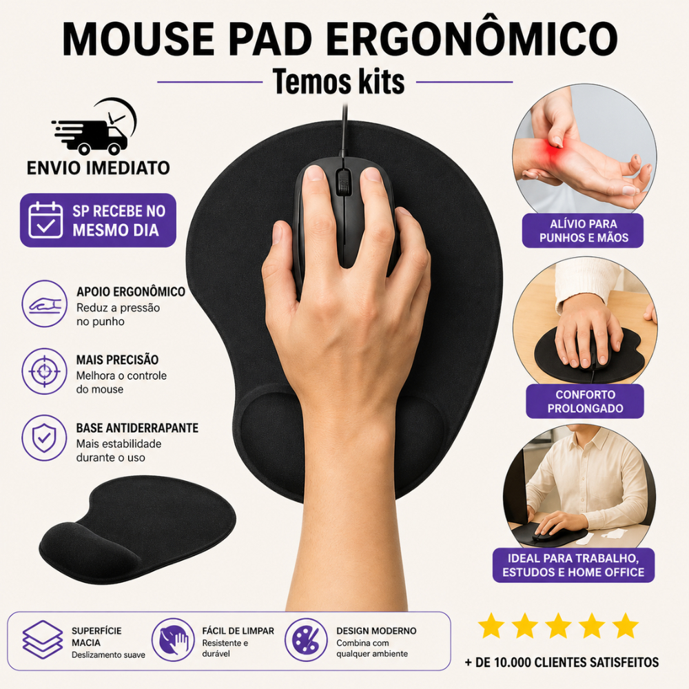 MousePad Ergonômico Gel Tecido Antiderrapante Apoio Pulso Kit com 2 ou 3 Conforto Previne Lesões Gamer Office Full