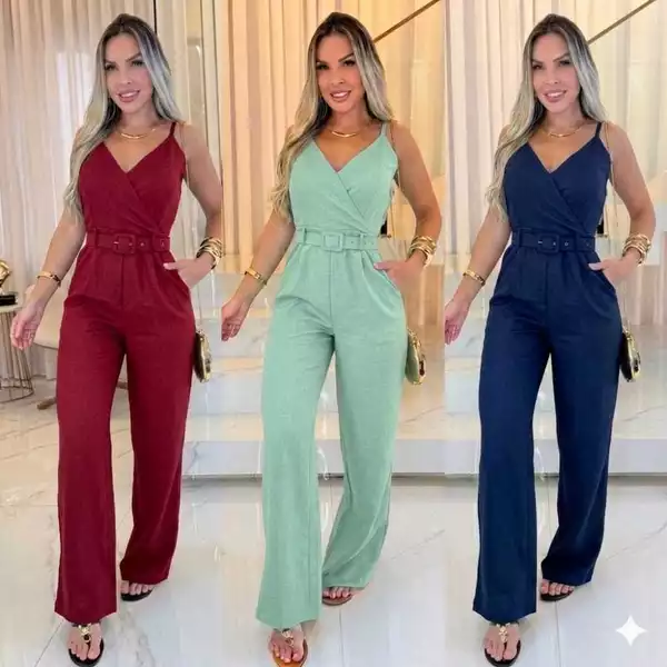 Macacão Longo Feminina Alfaiataria Elegante Premiun Social com Cinto