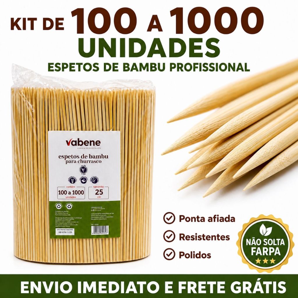 KIT 100 A 1.000 PALITO DE BAMBU ESPETO CHURRASCO 25cm PREMIUM - Kit 100 a 1.000 Unidades!