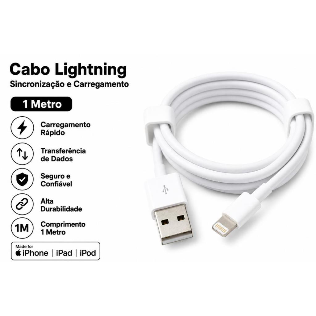 Cabo Iphone Original Lightning 1 Metro Carregamento Rápido modelos IOS 5 ao 14