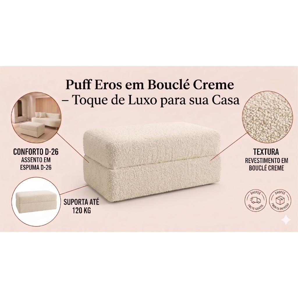 Puff Eros Bouclé Creme 90cm Grande | Puff Sala Moderno Decorativo Confortável