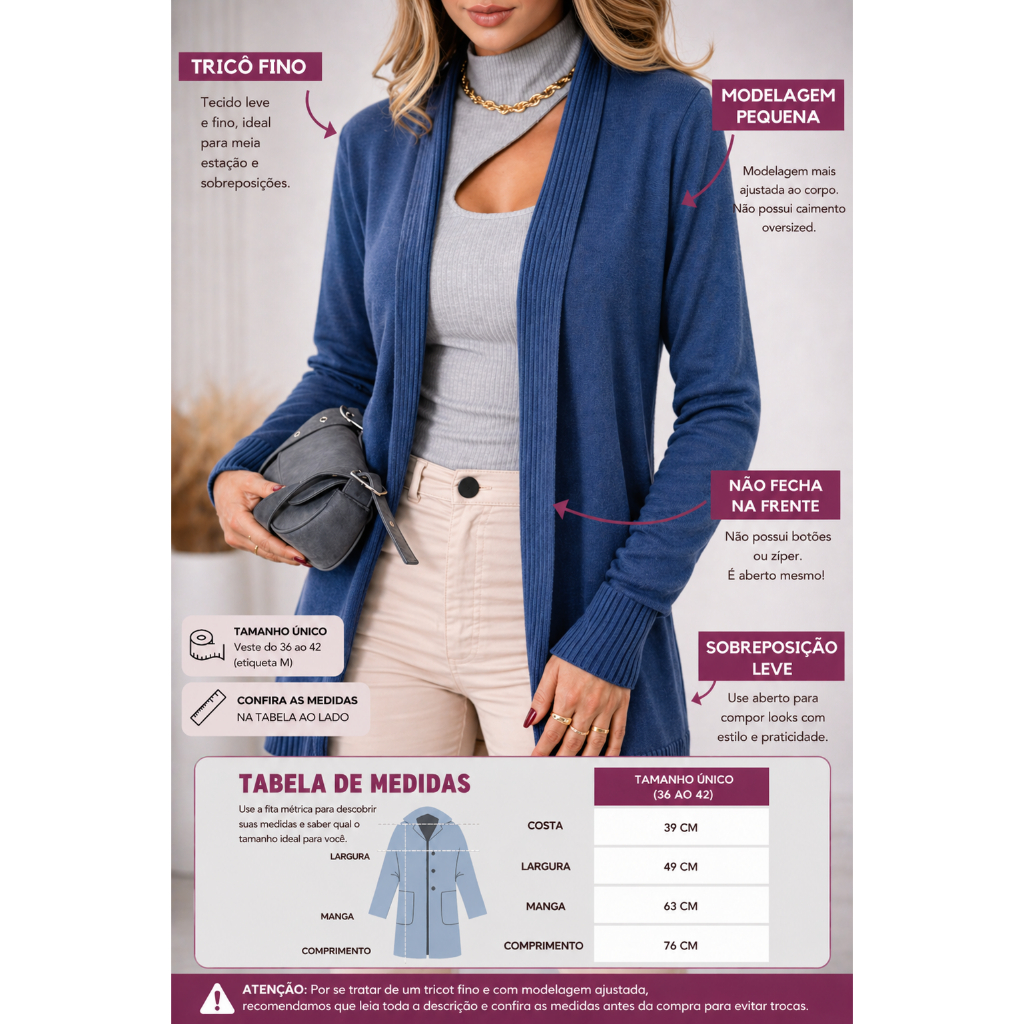 Detalhes do Casaco Cardigan De Frio Básico Longo Em Tricot Malha Fina