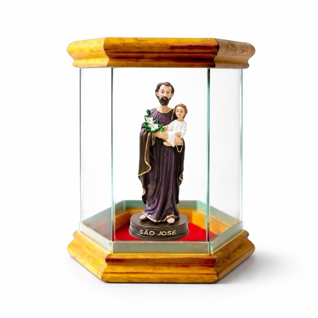 São Jose Patrono Das Familias Imagem Resina 15cm com Redoma Oratório Capela de Vidro