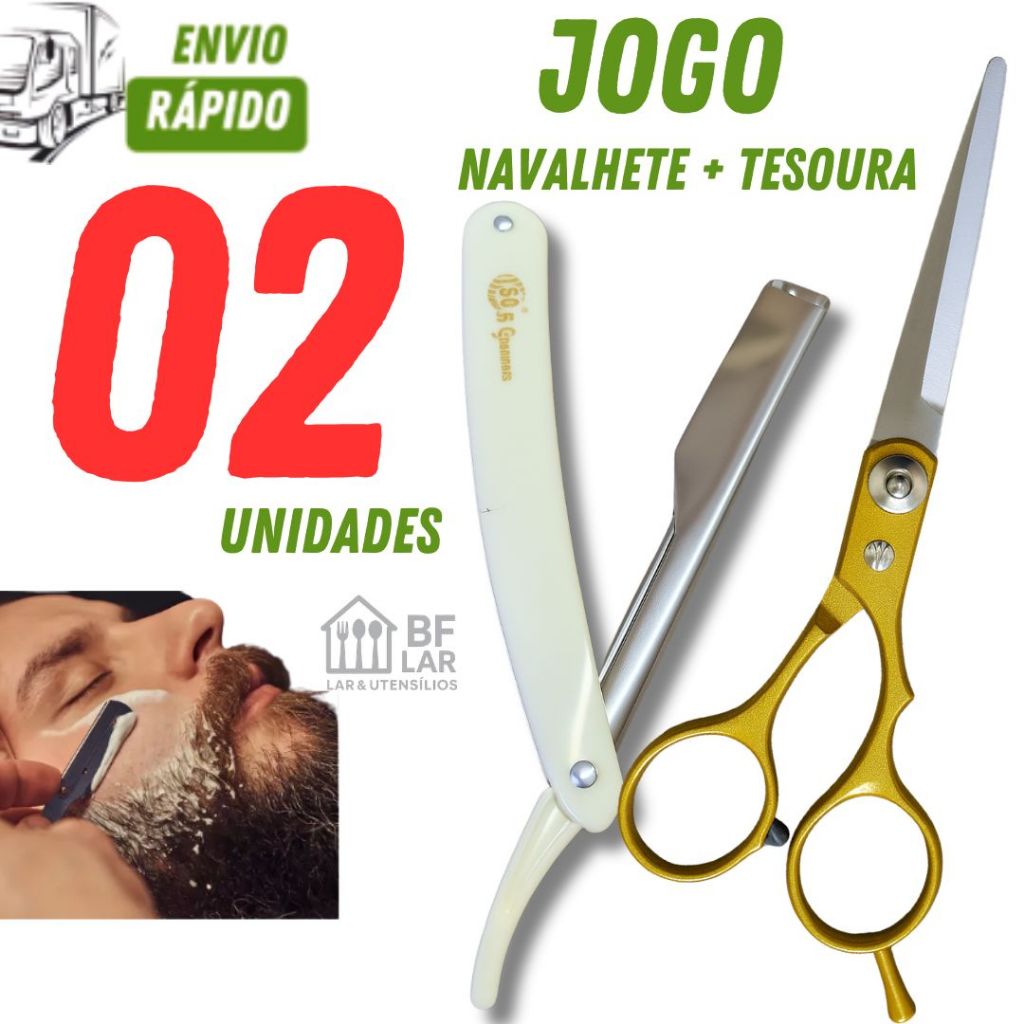 Conjunto Tesoura de Cabelereiro com Navalhete em Aço Inox e Cabo Plástico Resistente e Boa Qualidade