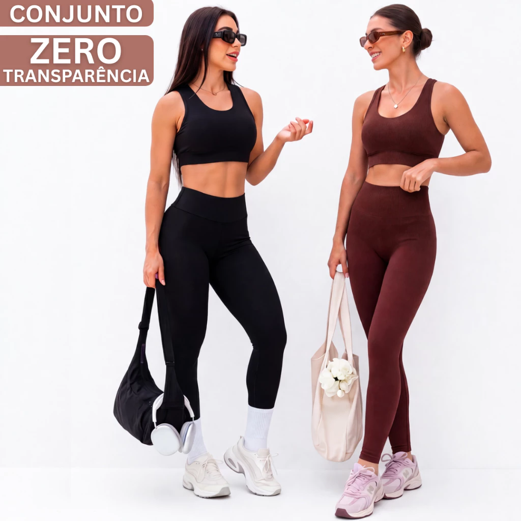 Conjunto Fitness Top e Calça Legging Feminino Pra Academia e Treino Suplex Premium Zero Transparência — imagem 1