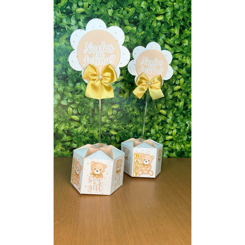 Centro de Mesa Chá Revelação Ursinho Bege | Boy or Girl | Personalizado