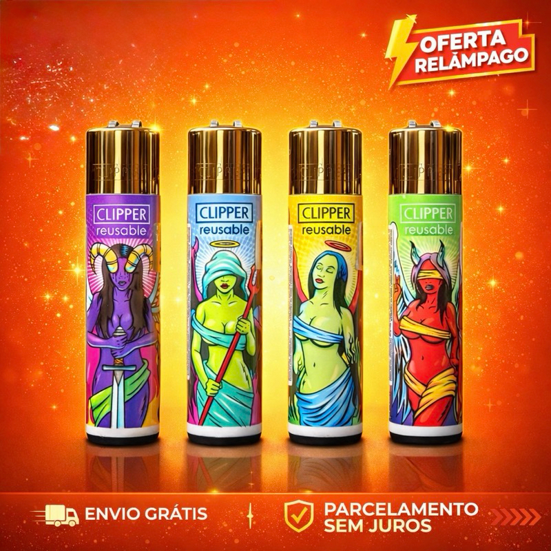 kit Promocional com 4 Isqueiro Clipper Maxi Original  Coleções -Mistica Bolador Recarregável, Pilão e Pedra Substituível