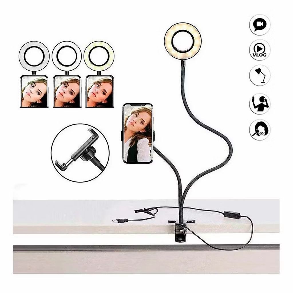 Luz Ring Light LED 2 em 1 + Suporte Celular Flexível Clip Mesa USB Iluminação Para Vídeo Live