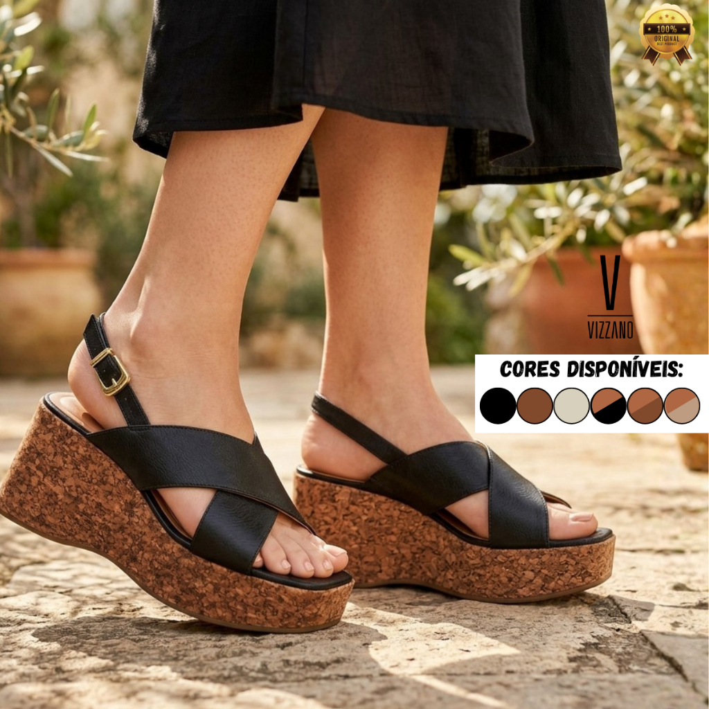 Sandália Vizzano Feminino Tamanco Anabela Flatform Alto Conforto Tira Cruzada Fivela Original