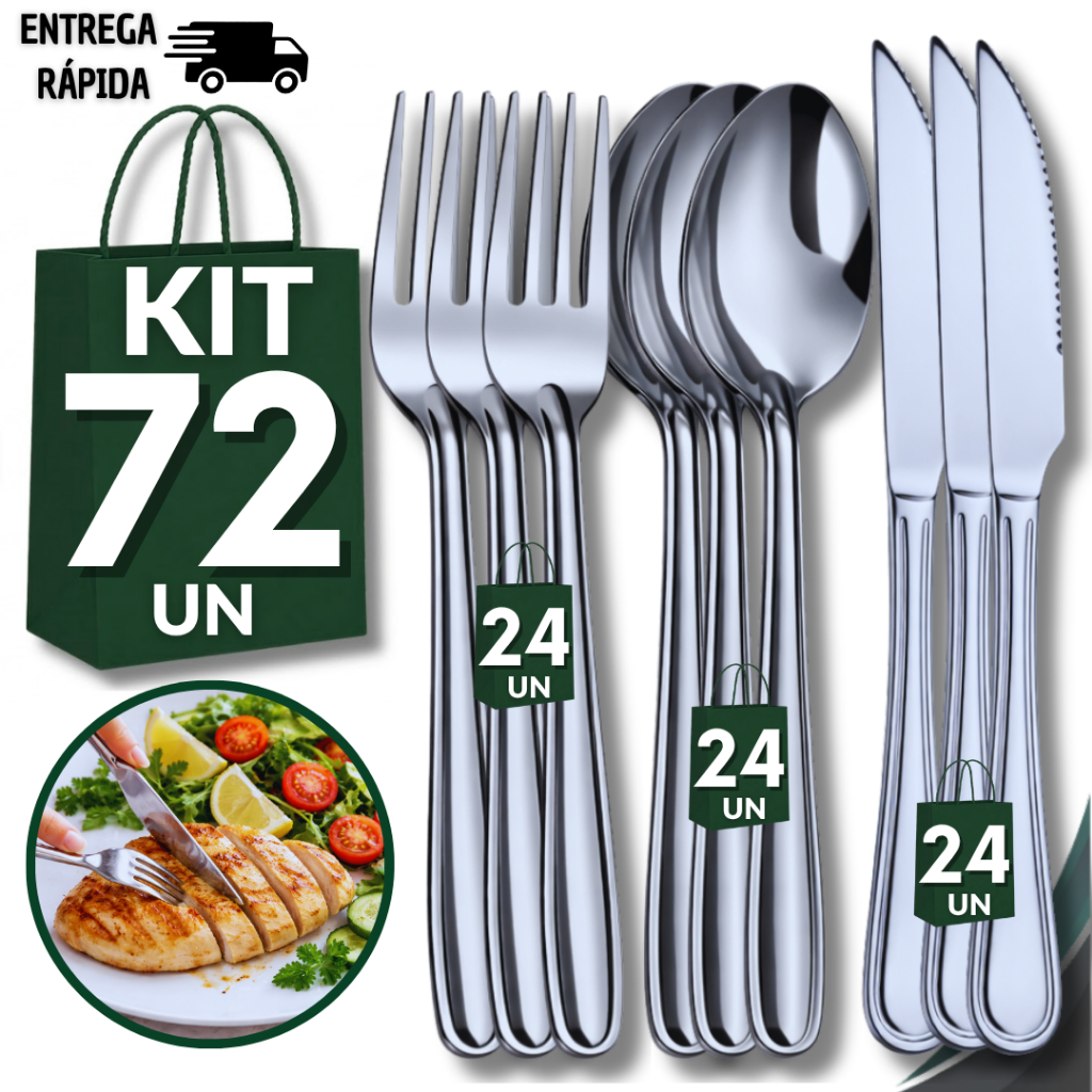 Conjunto 72  Talheres Inox 24 Faca 24 Garfo 24 Colher Cozinha Restaurante Buffet Casa Resistência Qualidade Utilidades