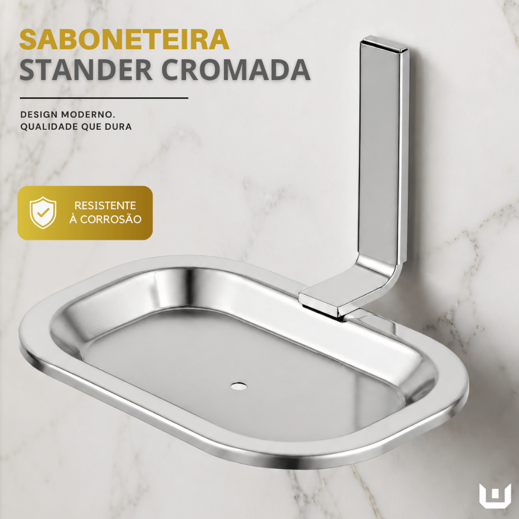 Saboneteira Quadrada de Parede Stander Cromada | EstiloChic – Aço Inox Brilhante