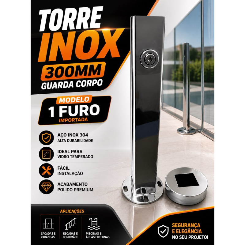 Torre Coluna 300mm Redonda 1 Furo Inox Para Guarda Corpo,    Suporte Torre Inox 300mm Para Vidro Guarda Corpo Premium