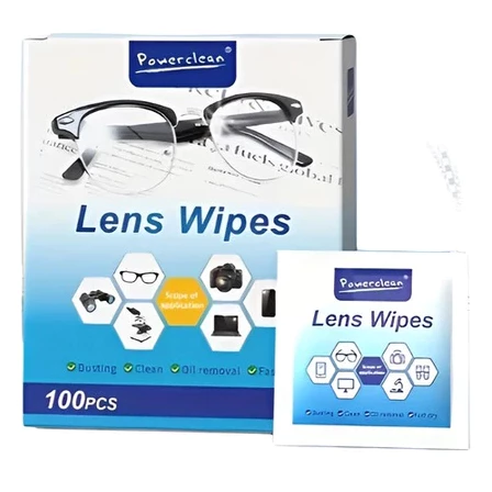 Caixa Powerclean C/ 100 Peças Lenços Flanela Umedecidos Antiembaçante Limpa Lentes Óculos Câmera
