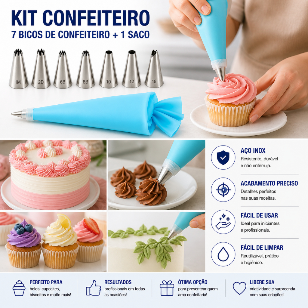 Kit Confeiteiro 7 Bicos + Saco de Confeitar Reutilizável Inox Profissional Decoração Bolos Cupcakes