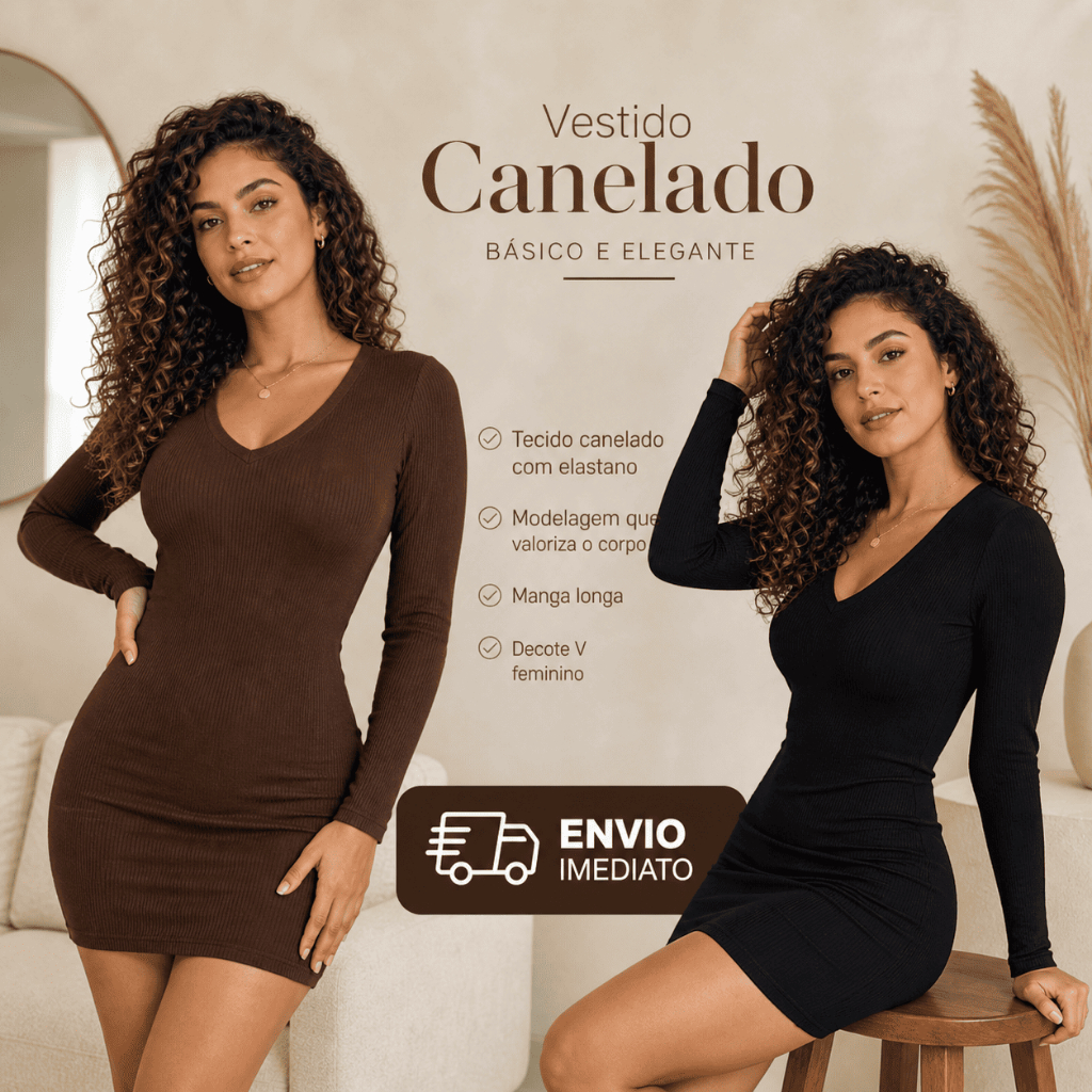 Vestido Feminino sexy Curto Manga Longa Gola V Canelado