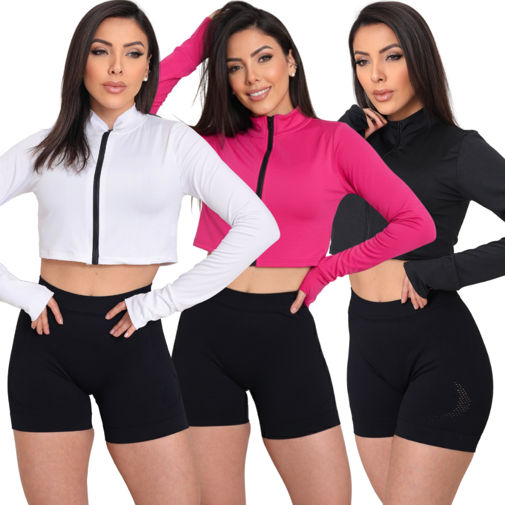 Kit 3 Cropped Feminino Fitrness Inverno Frio Academia Ar Livre Proteção UV Moderna Confortavel