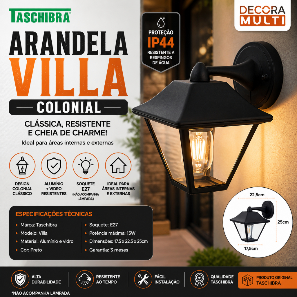 Arandela Colonial Preta Taschibra Villa E27 Alumínio Externa IP44 Luz Decorativa