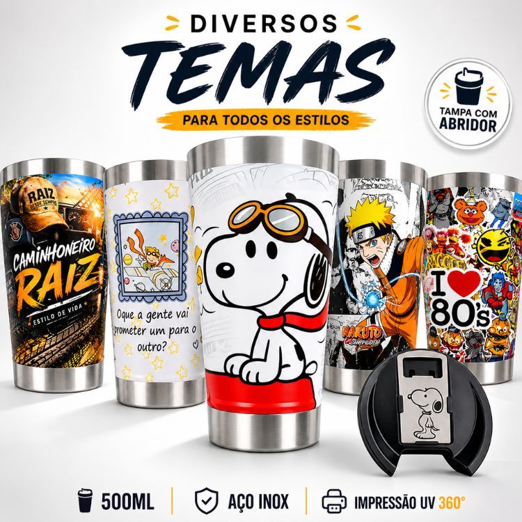 Copo Térmico 500ml Inox UV 360° Diversos Temas Anime Desenhos Agro Série Presente Criativo Promoção
