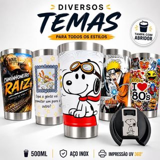 Copo Térmico 500ml Inox UV 360° Diversos Temas Anime Desenhos Agro Série Presente Criativo Promoção