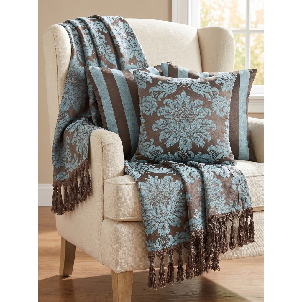 Manta Para Sofá 220x140cm + 4 Capas Para Almofadas 45x45cm - Marrom e Turquesa