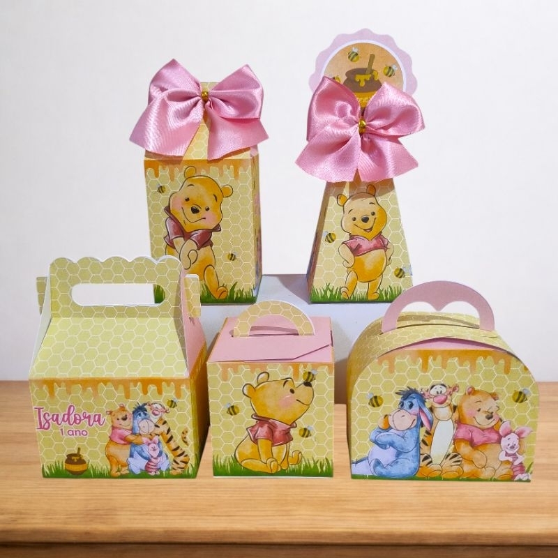 Kit Festa URSINHO POOH AQUARELA ROSA Caixinhas Personalizadas lembrancinhas para Festas MONTADAS