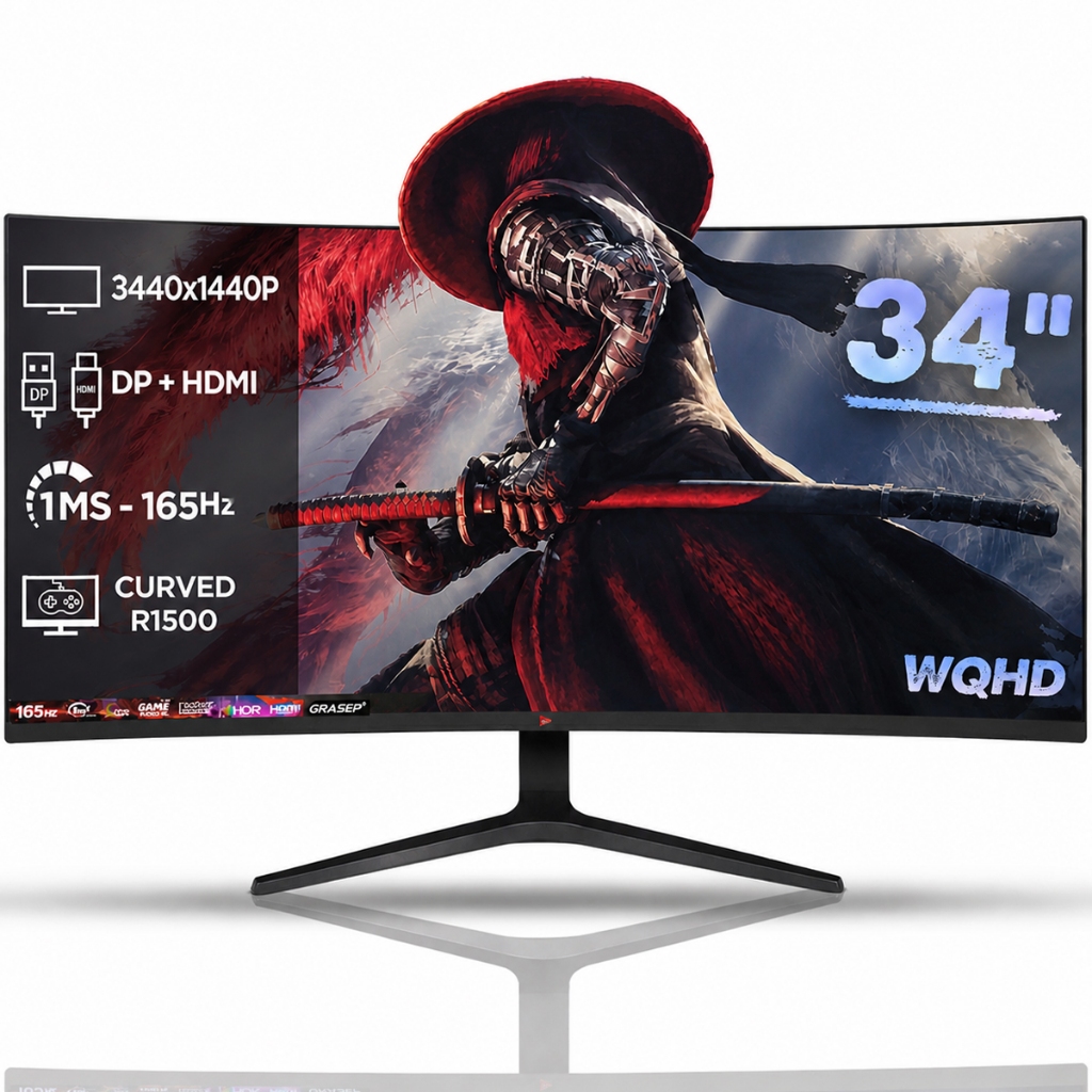 Monitor Gaming Curvo R1500 - 34 Polegadas Ultrawide Led 165hz 1ms WQHD Borda Fin