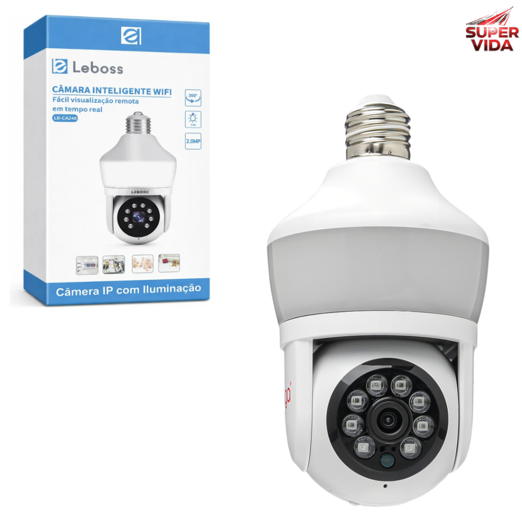 Câmera Lâmpada WiFi Inteligente 2MP 350° PTZ Visão Noturna Colorida App Yoosee para Garagem e Loja