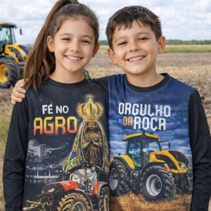 Camisa Térmica Infantil Proteção Solar UV50+ Agro estampada Masculina e Feminina Manga Longa trator