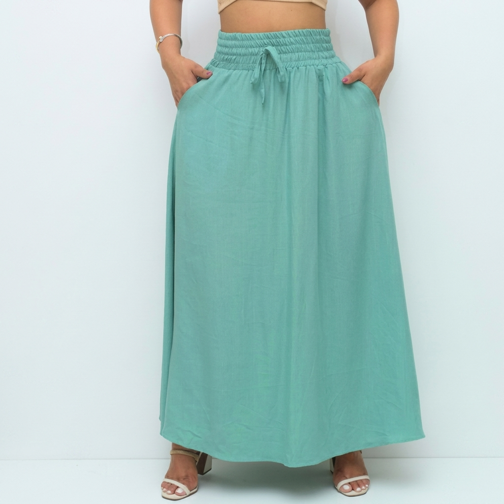 Saia Longa Viscolinho Premium Com Bolsos Com Fenda Lateral Forrada Moda Casual