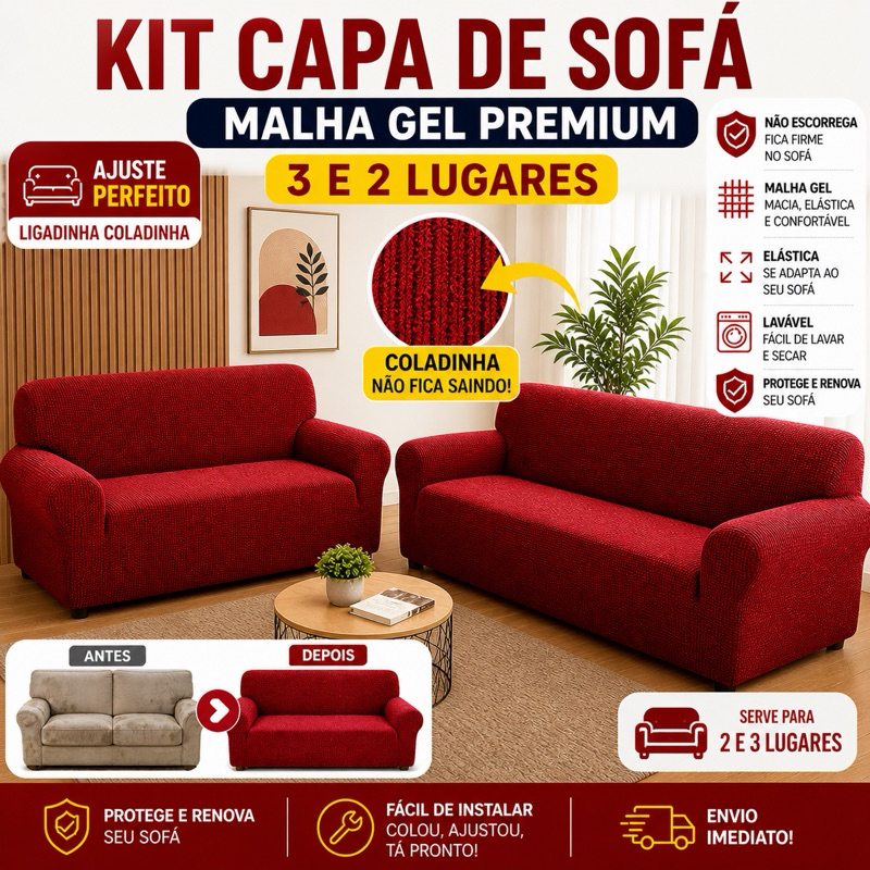 Kit Capa Forro de Sofá Elástica Malha Gel 3 e 2 Lugares King Ligadinha Coladinha ajustável