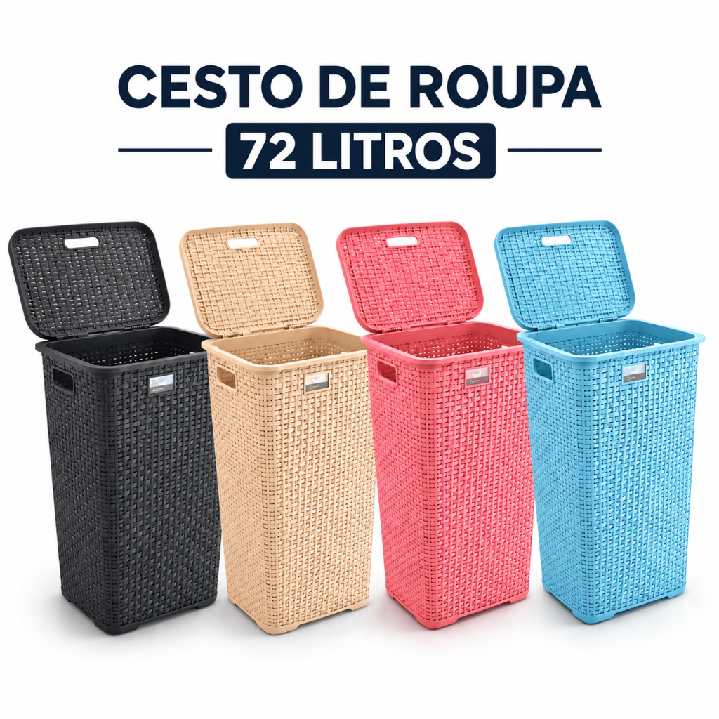 Cesto Roupa Suja 72L Grande com Tampa Organizador Lavanderia Banheiro Quarto Plástico Resistente Cesto Roupas Família