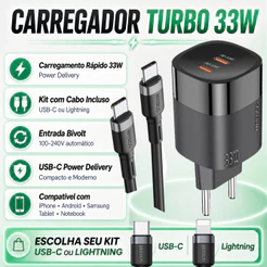 Carregador Hrebos Turbo 33W PD Tipo C Premium Proteção Contra Sobrecarga e Aquecimento Bivolt
