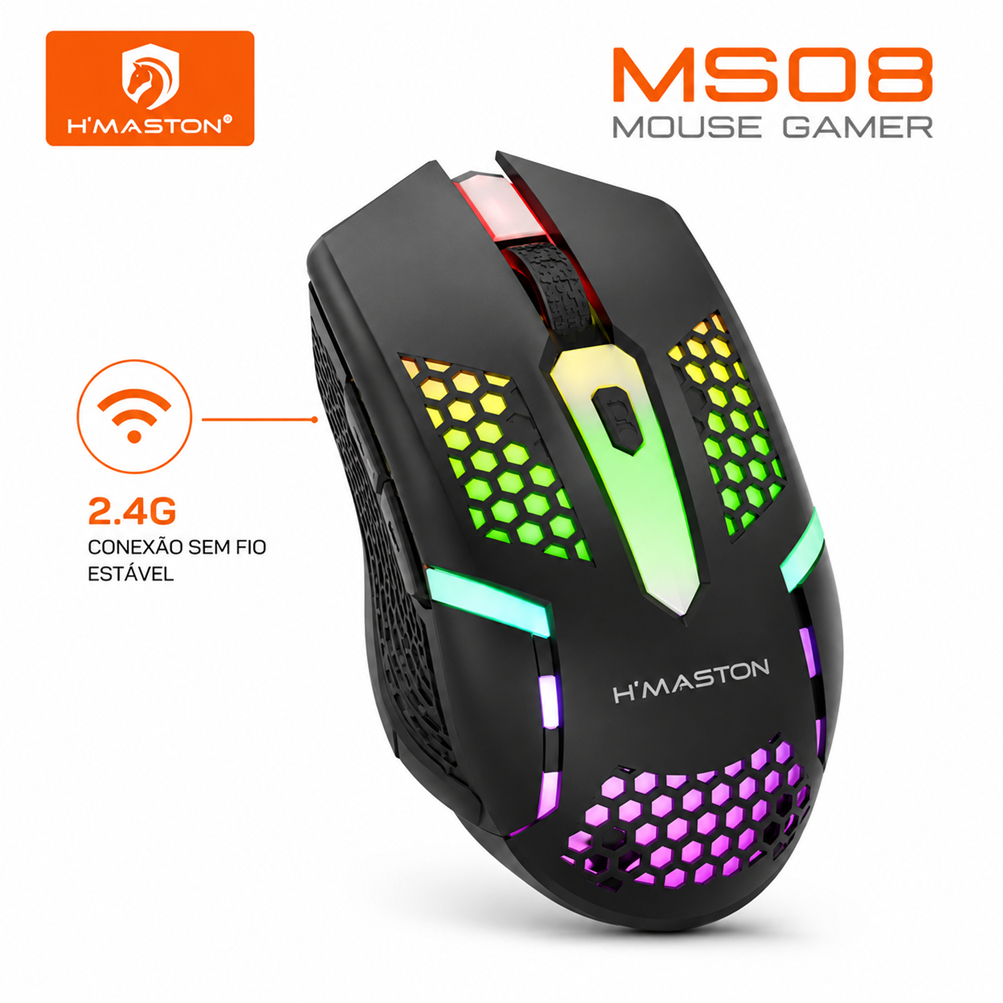 Mouse Gamer Sem Fio H'Maston MS08 Bluetooth + 2.4G Recarregável RGB Silencioso Dual Mode