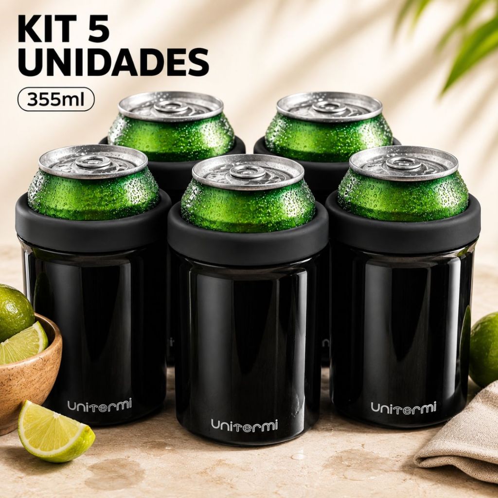 Kit 5un Porta Latas Latinha Térmico Preto Para Latinha Cerveja Refrigerante 350ml Unitermi