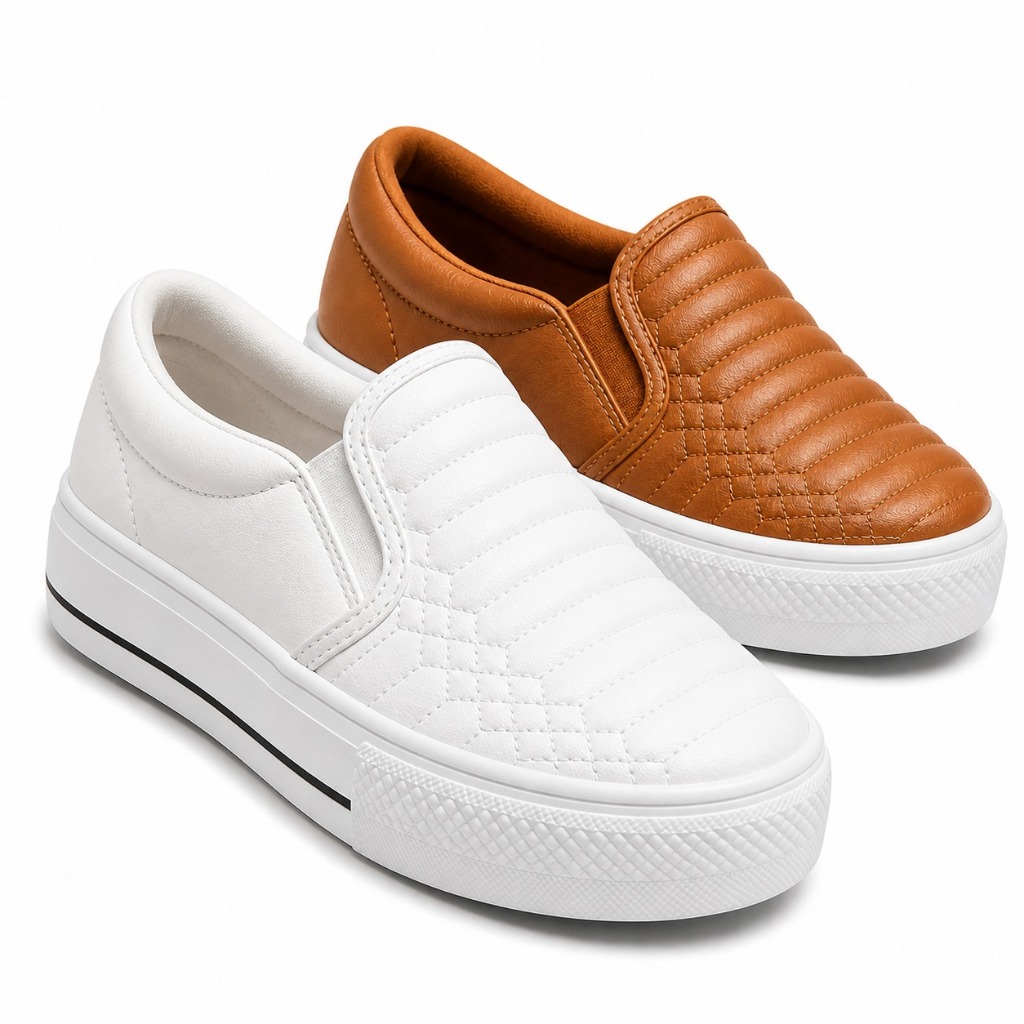 Kit 2 Pares Tênis Slip On Feminino Preto Branco Plataforma Casual Conforto Dia a Dia Leve Macio