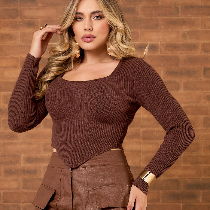 Blusa Manga Longa Modal Canelado Detalhe Bico Decote Quadrado Confortavel Estiloso
